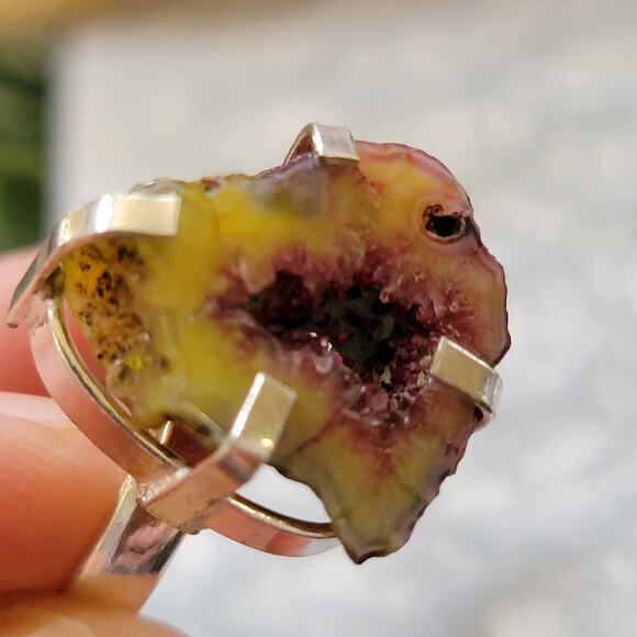 Yellow and Pink Agate Slice Statement Rings, 0.57 Inch Ring, Size 8 - Picture 7 of 10